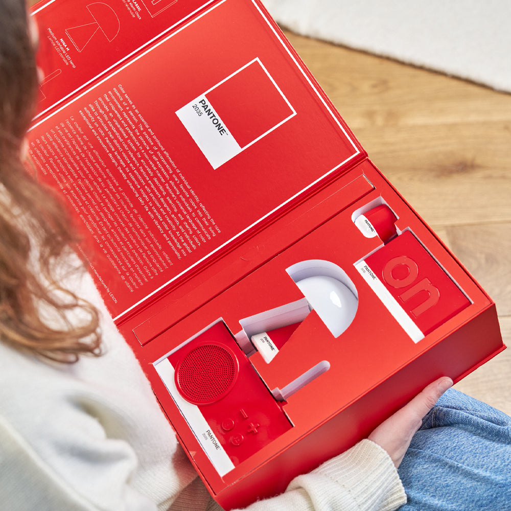 Table Lamps: Lexon GIFT Set PANTONE - Includes Mino+ Mini Speaker, Flip Classic Clock, Mina M Lamp, Thykho 3  Speaker - 2035 Red