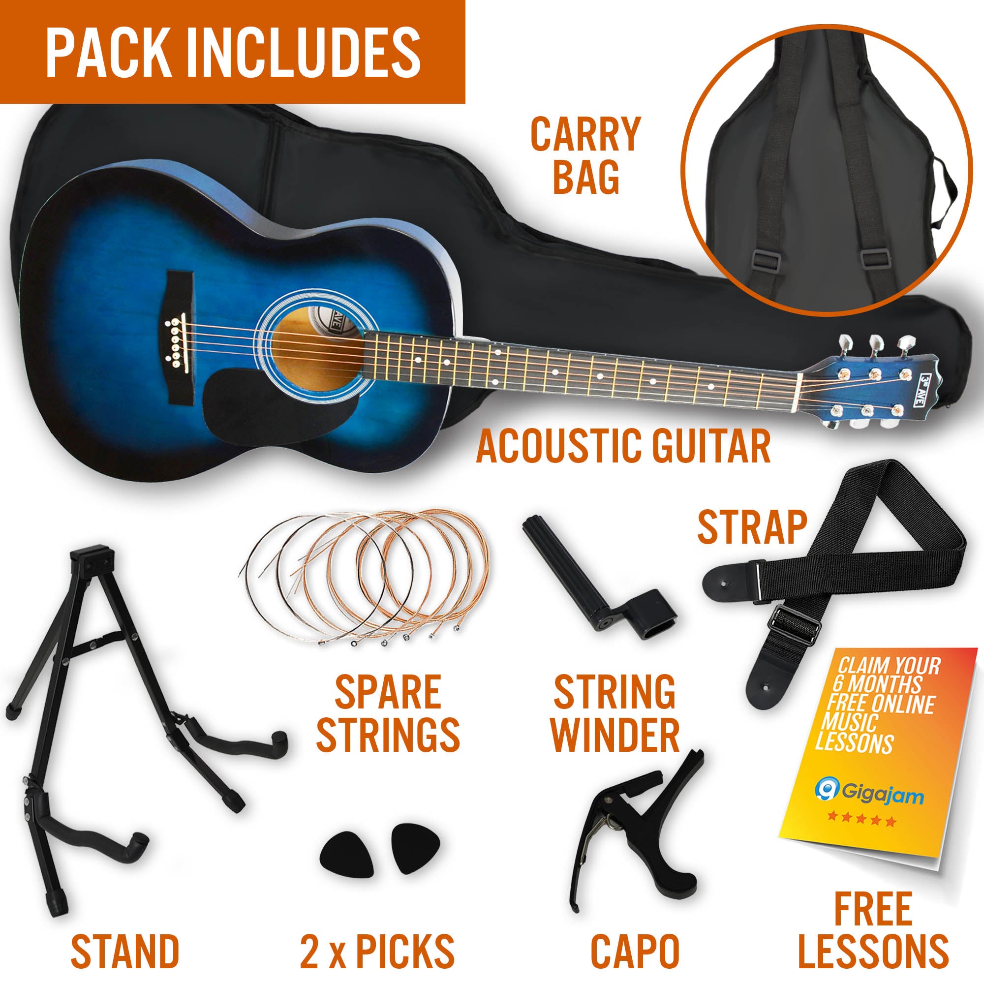 Audio Accessories: 3rd Avenue Acoustic Guitar Premium Pack - Blueburst