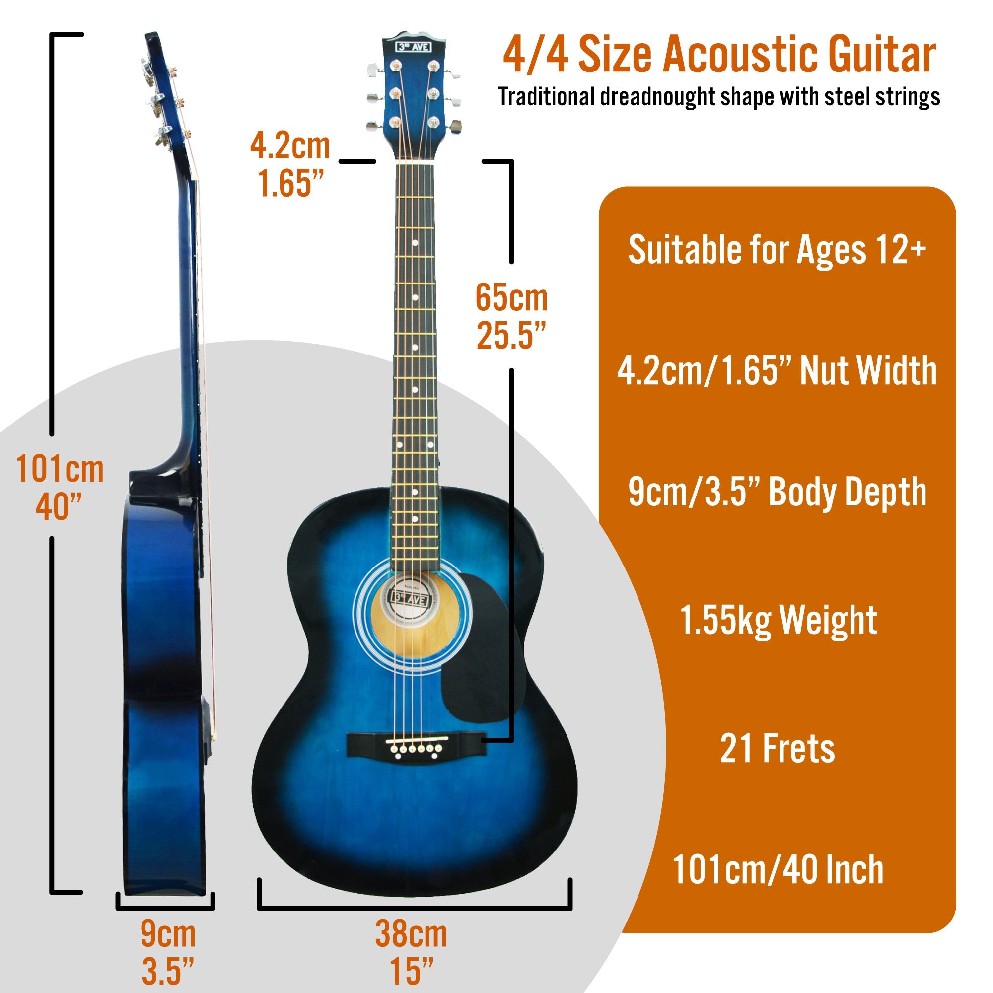 Audio Accessories: 3rd Avenue Acoustic Guitar Premium Pack - Blueburst