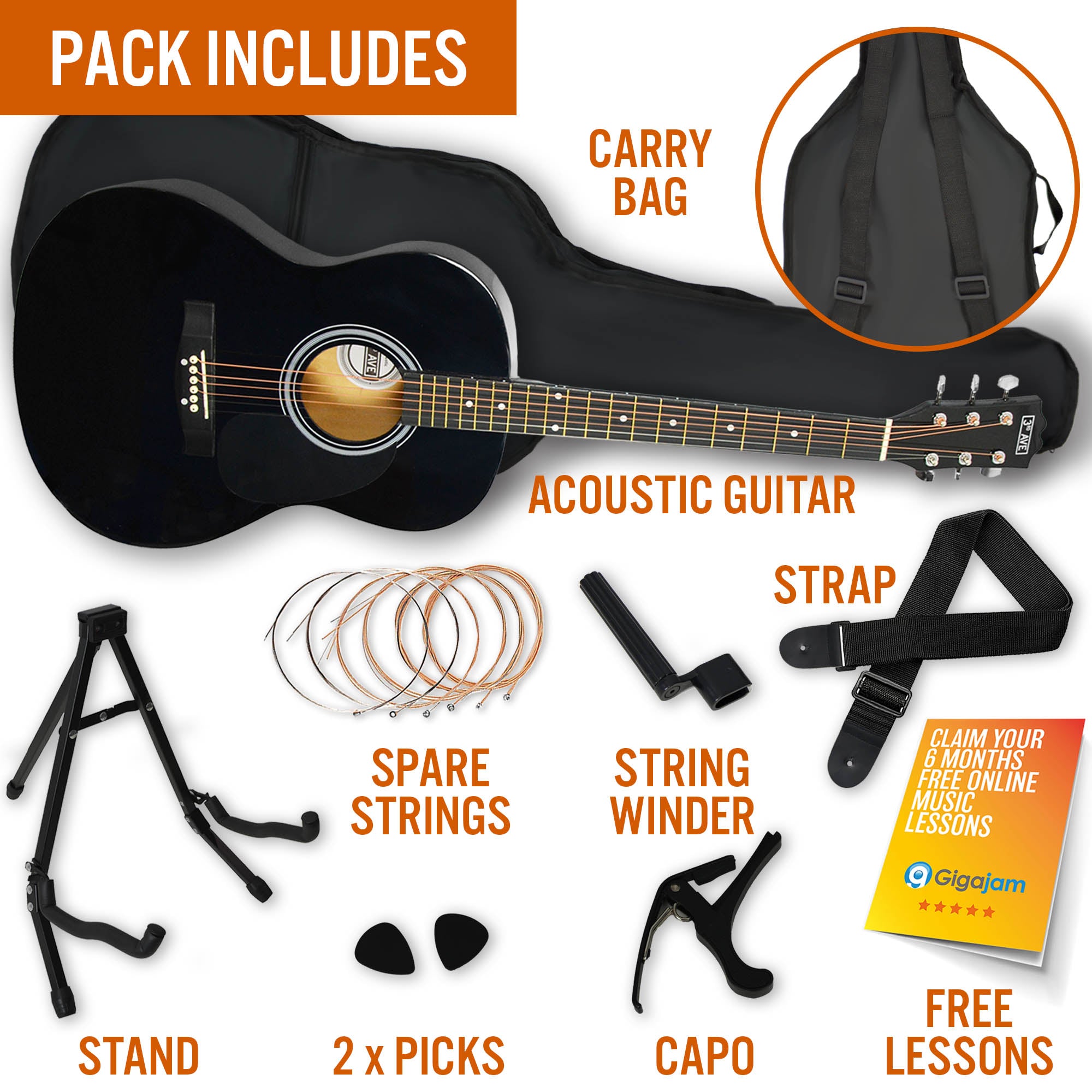 Audio Accessories: 3rd Avenue Acoustic Guitar Premium Pack - Black