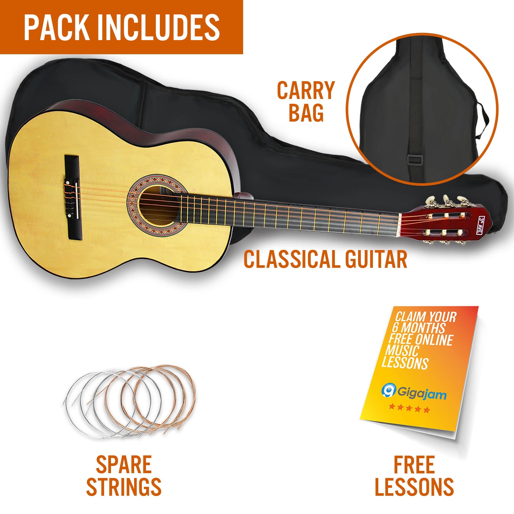 Audio Accessories: 3rd Avenue Full Size Classical Guitar Pack - Natural