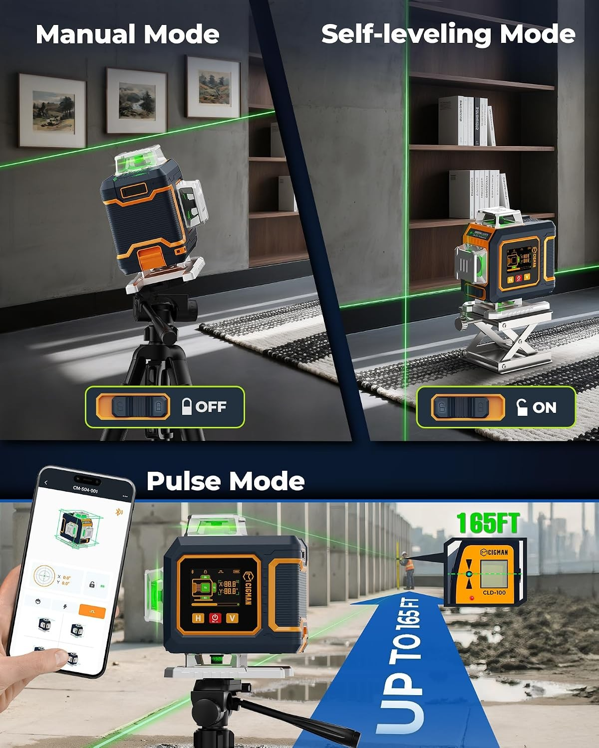 CIGMAN 16 Lines Green Laser Level 4×360° Self Leveling, Side LCD, CMS04