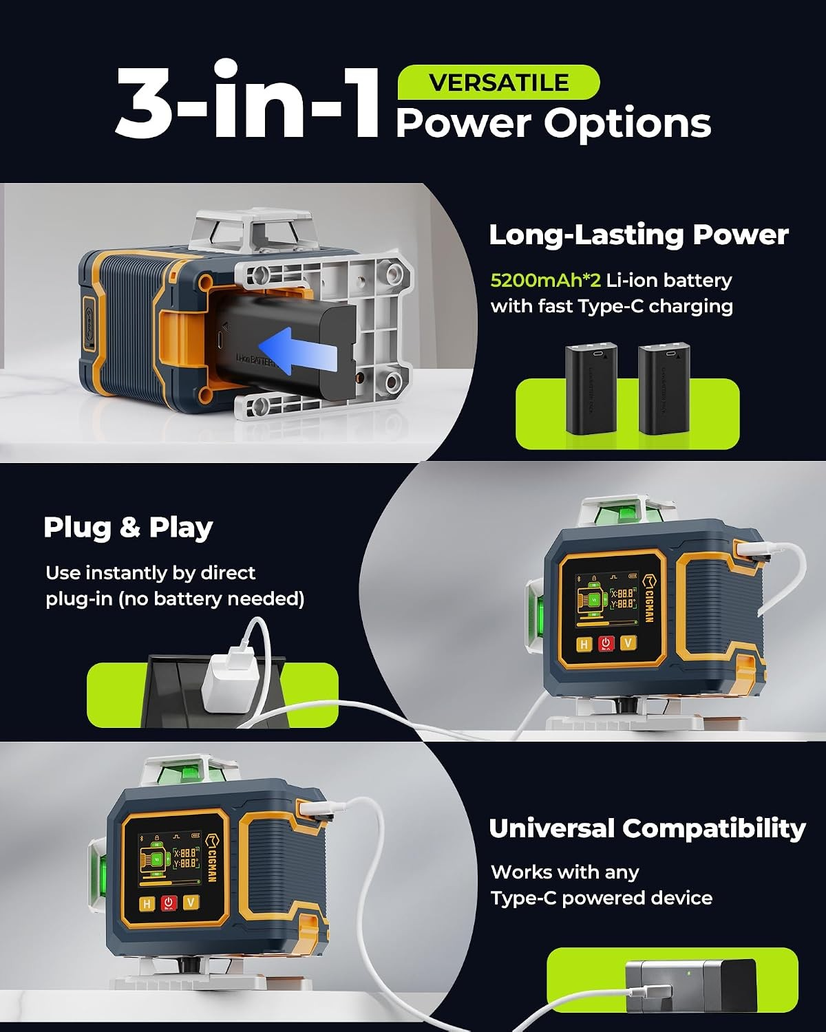 CIGMAN 16 Lines Green Laser Level 4×360° Self Leveling, Side LCD, CMS04