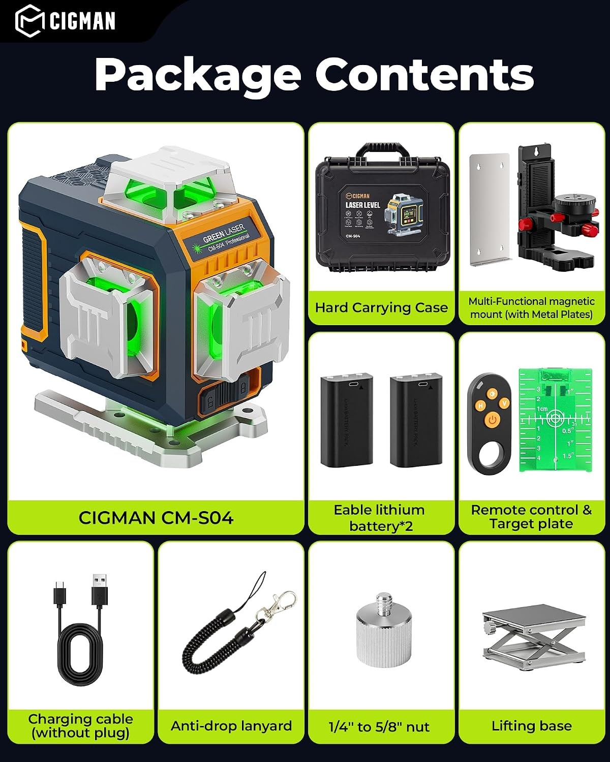 CIGMAN 16 Lines Green Laser Level 4×360° Self Leveling, Side LCD, CMS04