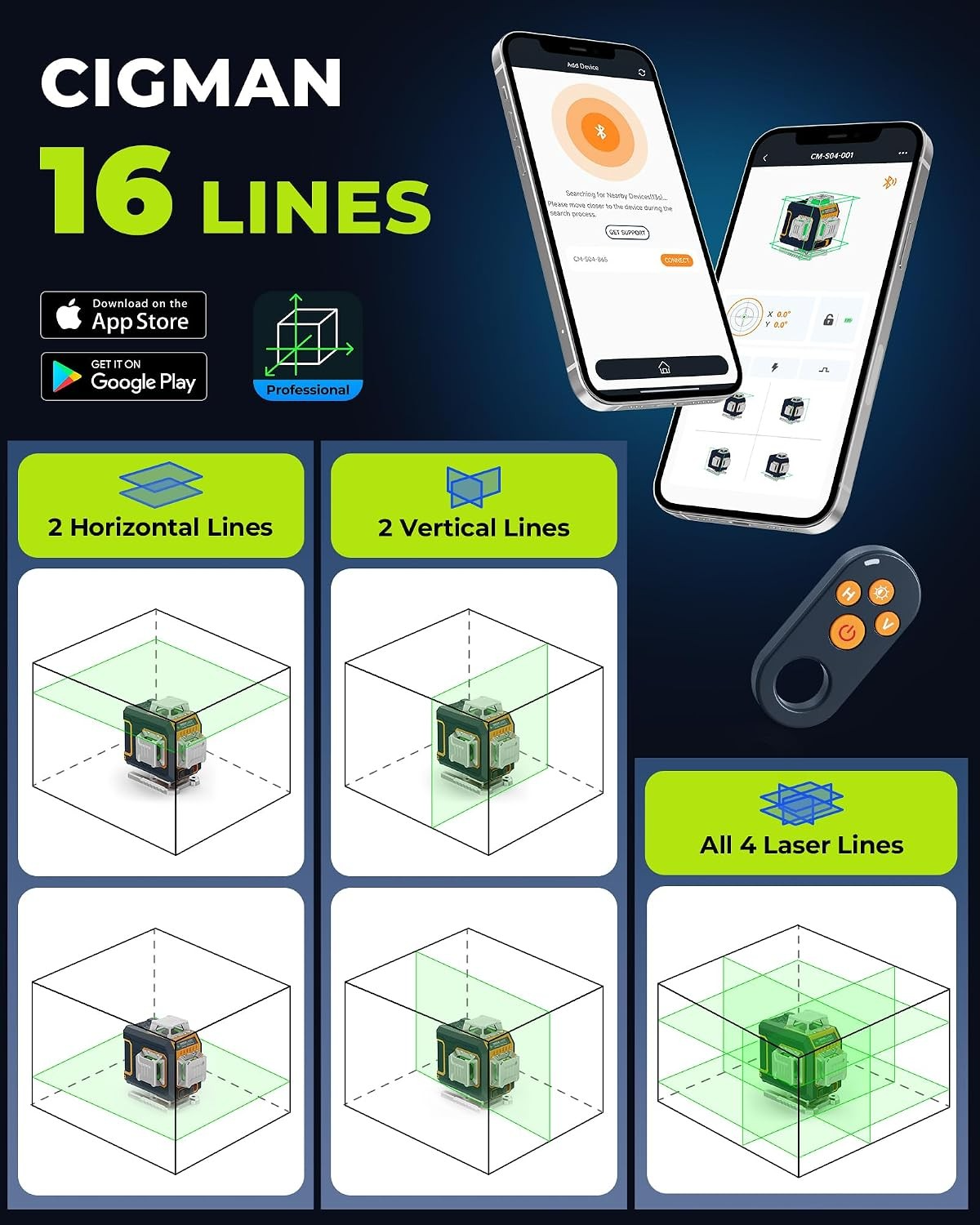 CIGMAN 16 Lines Green Laser Level 4×360° Self Leveling, Side LCD, CMS04
