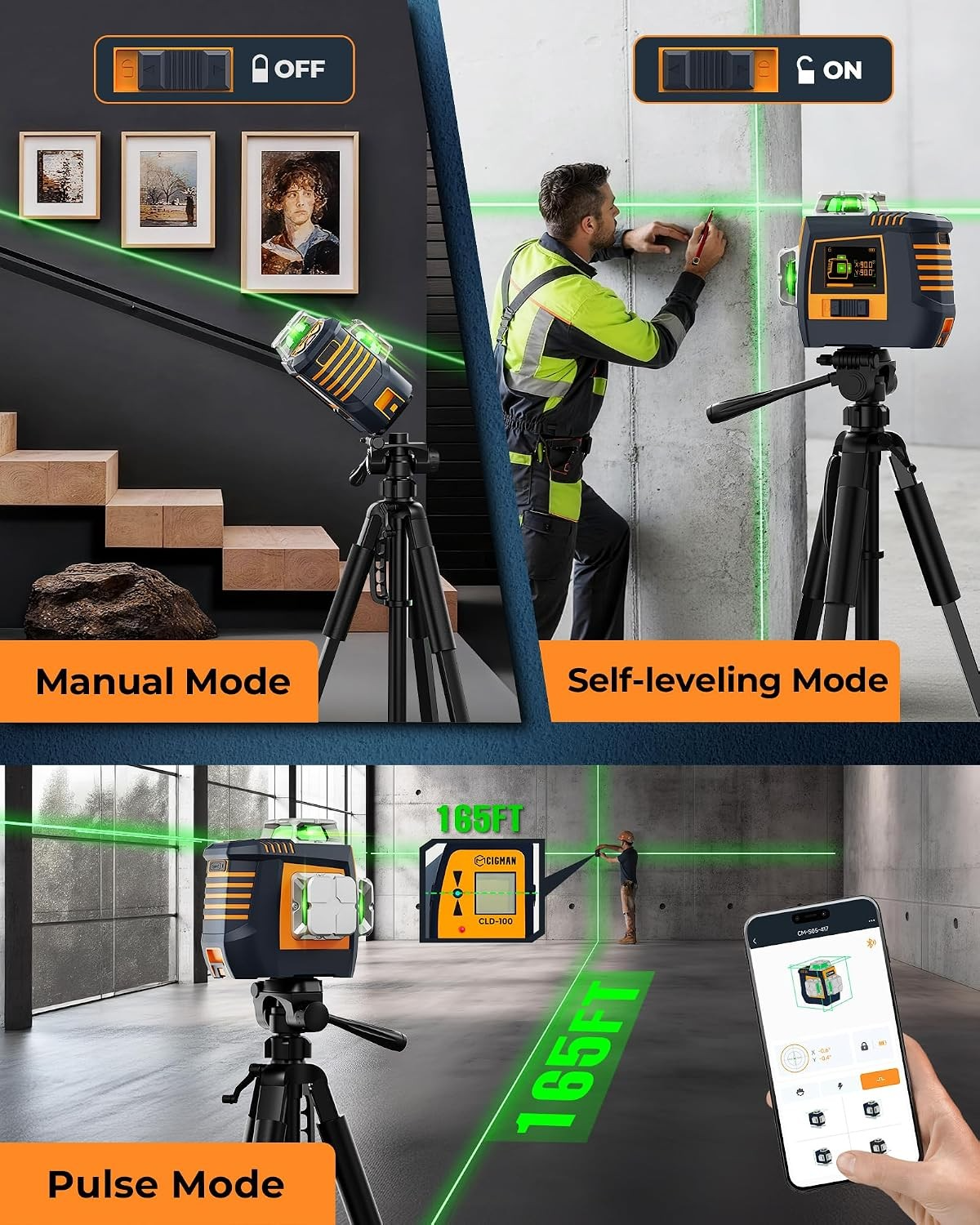 CIGMAN Gesture Control Laser Level with Side Screen Display, 3×360° Green CMS05