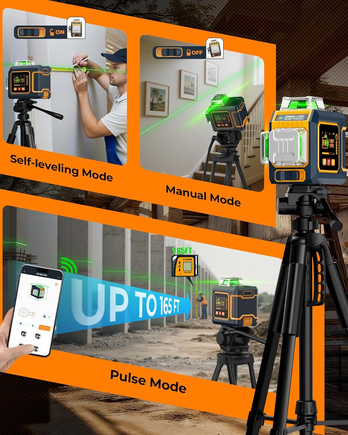 CIGMAN Green Laser Level, 3x360° Side LCD 12-Line Self-Leveling, Bluetooth App Remote, Pulse Mode for Receiver, ±1/8 in. at 33 ft Accuracy, 2x Li-ion (USB-C), 1/4-20 Mount, IP54, ABS Hard Case - S03