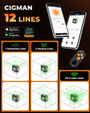 CIGMAN Green Laser Level, 3x360° Side LCD 12-Line Self-Leveling, Bluetooth App Remote, Pulse Mode for Receiver, ±1/8 in. at 33 ft Accuracy, 2x Li-ion (USB-C), 1/4-20 Mount, IP54, ABS Hard Case - S03