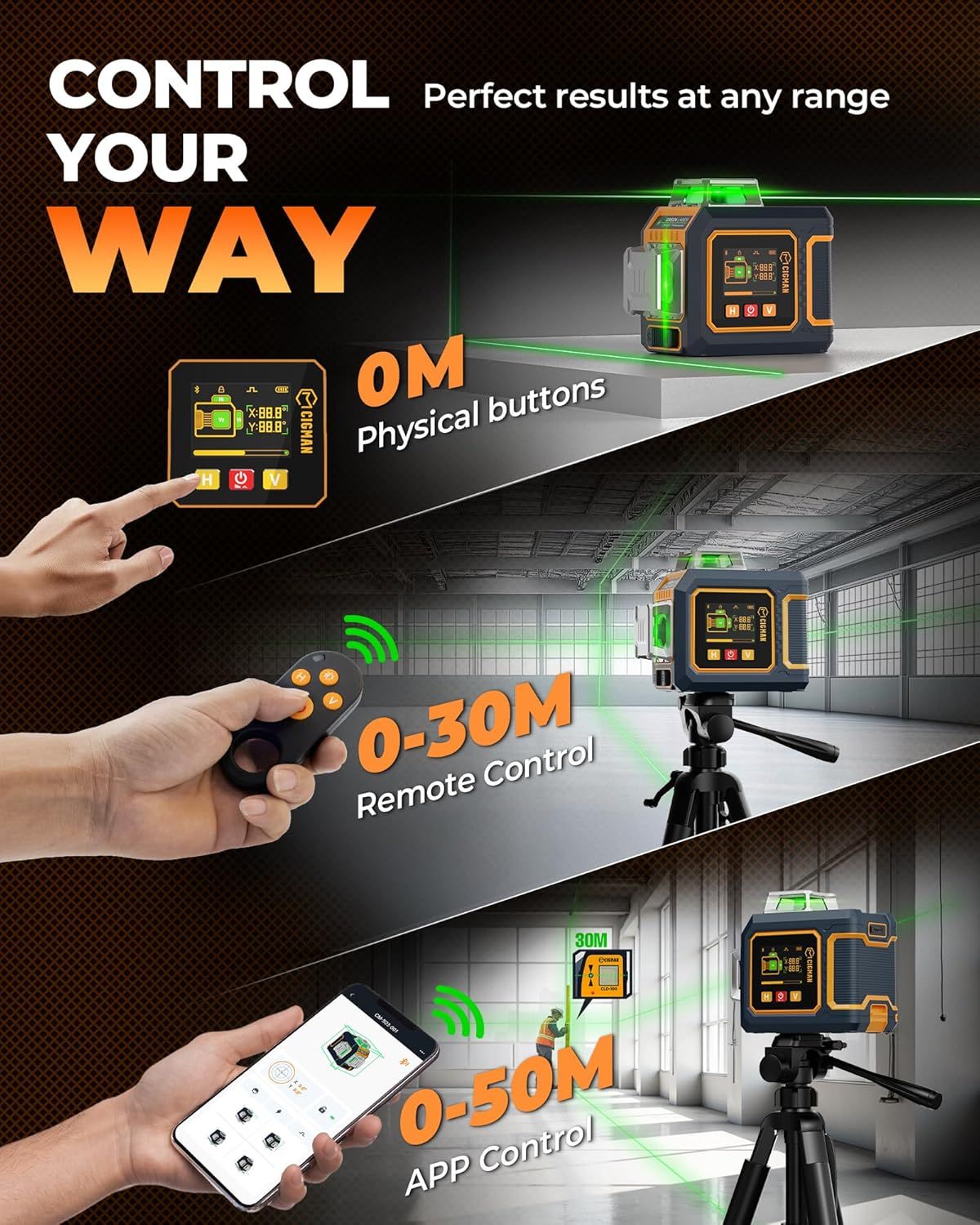 CIGMAN Green Laser Level, 3x360° Side LCD 12-Line Self-Leveling, Bluetooth App Remote, Pulse Mode for Receiver, ±1/8 in. at 33 ft Accuracy, 2x Li-ion (USB-C), 1/4-20 Mount, IP54, ABS Hard Case - S03