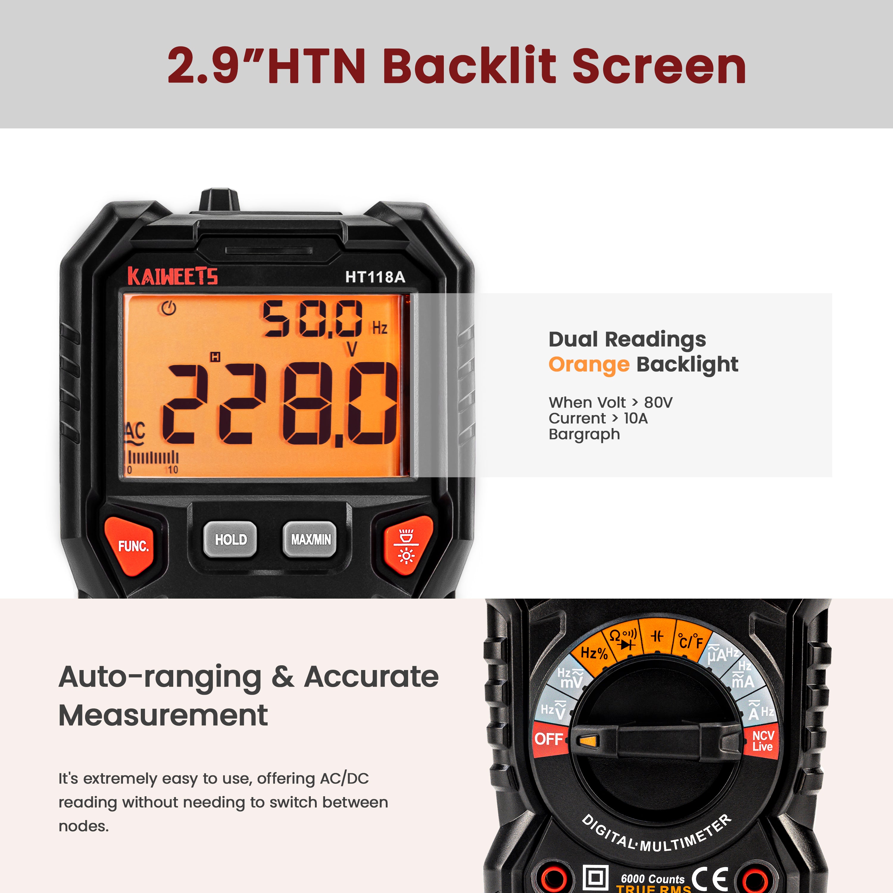 Automotive Repair & Speciality Tools: KAIWEETS Digital Multimeter TRMS 6000 Counts Voltmeter Auto-Ranging Fast Accurately Measures Voltage Current Amp Resistance Diodes Continuity Duty-Cycle Capacitance Temperature for Automotive