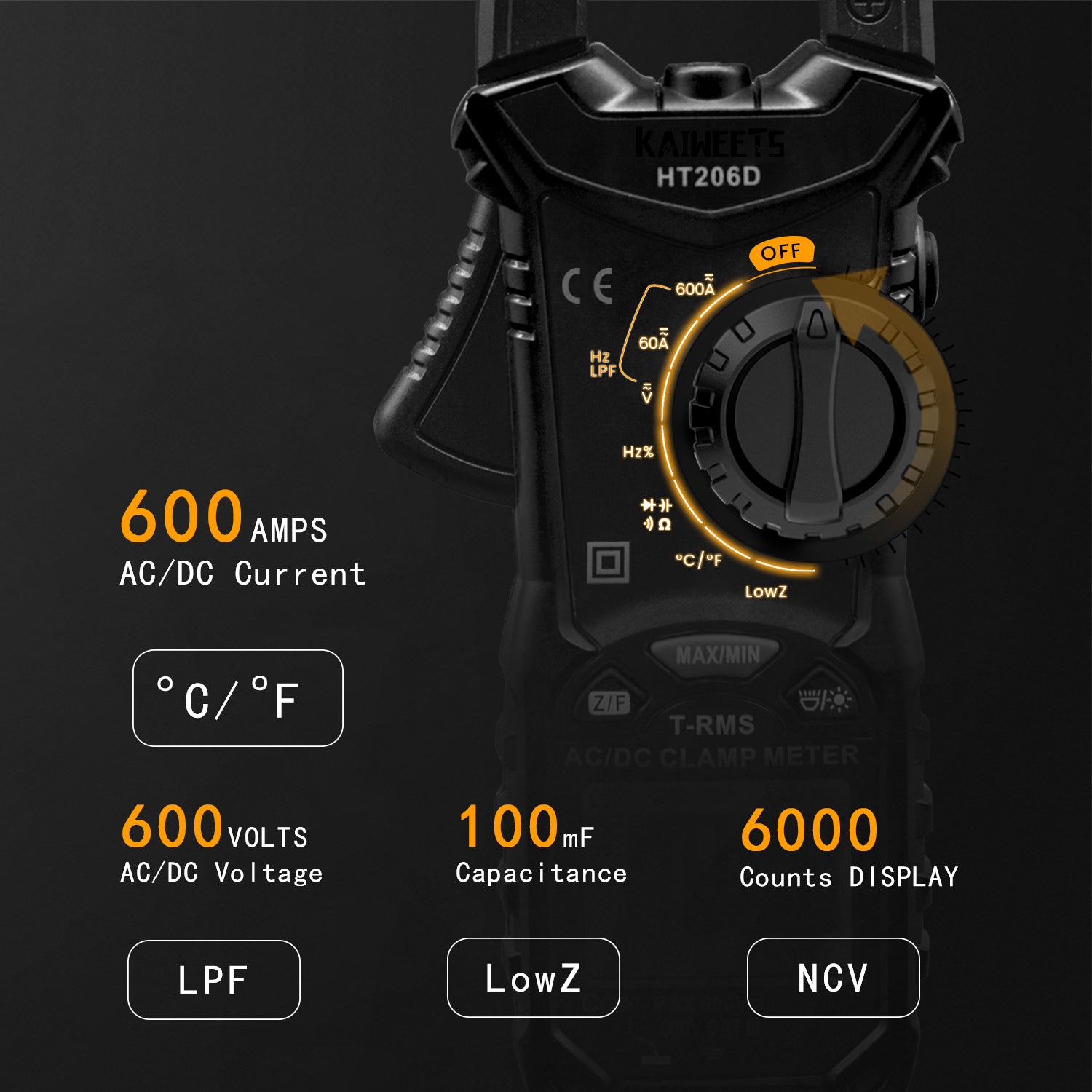 Automotive Repair & Speciality Tools: KAIWEETS HT206D Digital Clamp Meter T-RMS 6000 Counts, Multimeter Voltage Tester Auto-ranging, Measures Current Voltage Temperature Capacitance Resistance Diodes Continuity Duty-Cycle (AC/DC Current)