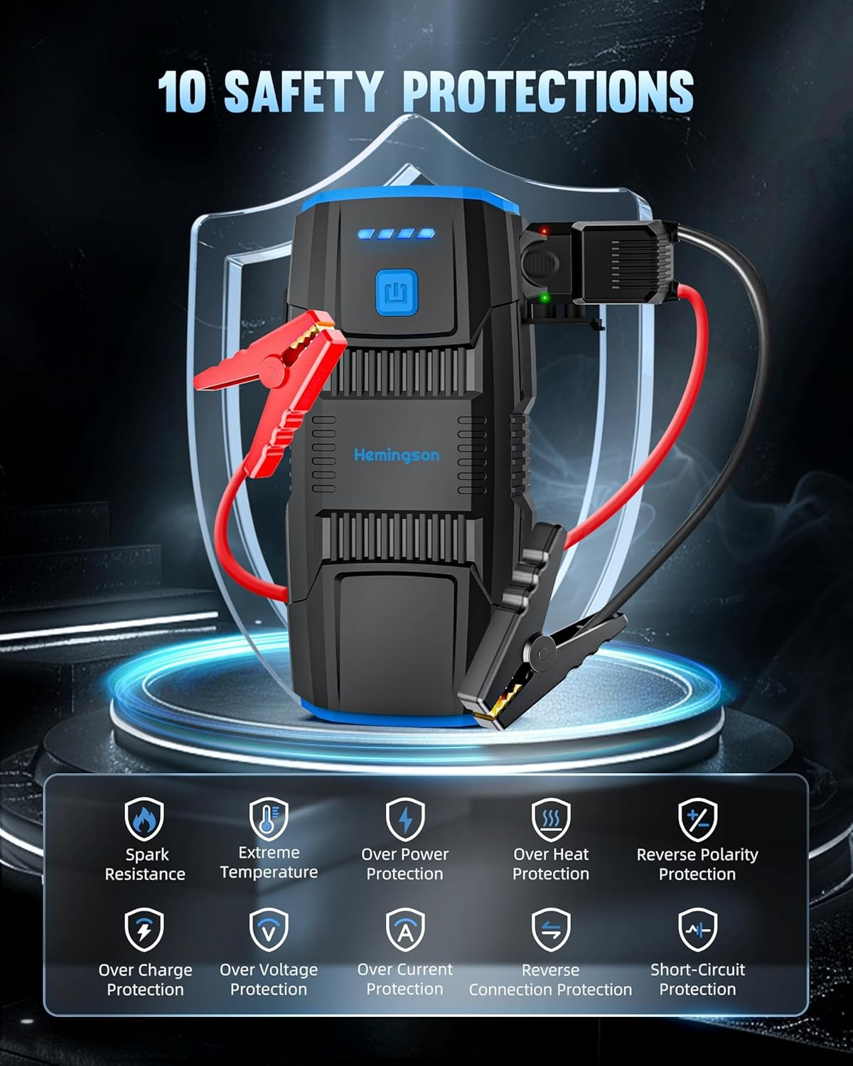 HEMINGSON 2000A Peak Battery Jump Starter Portable with 4 Modes LED Lights
