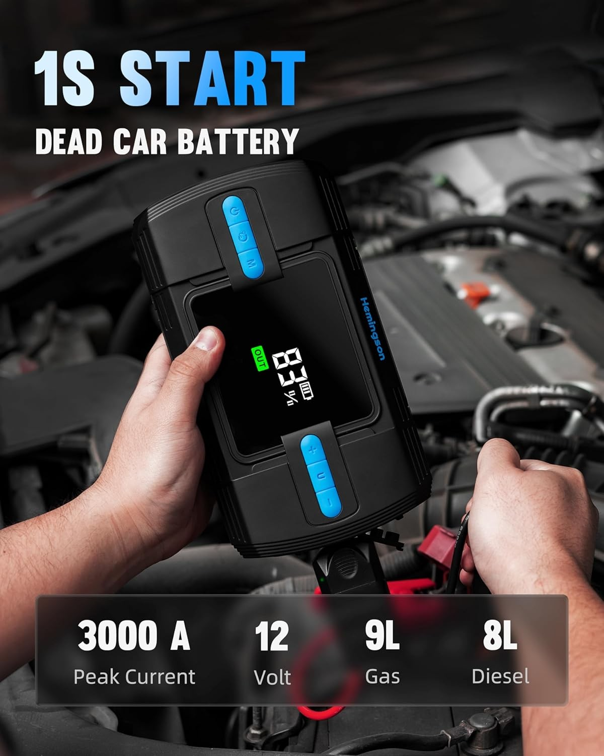 Car Jump Starter with Air Compressor, Hemingson 160PSI 3000A Portable Car Battery Jump Starter (9.0L Gas/8.0L Diesel), 12V Car Battery Jump Box Jumper Starter with Oversized LCD Display, Lights