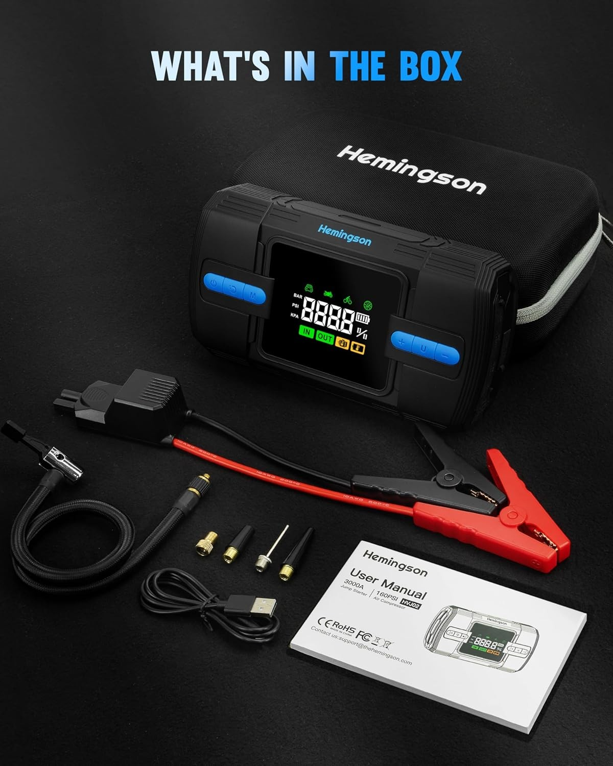Car Jump Starter with Air Compressor, Hemingson 160PSI 3000A Portable Car Battery Jump Starter (9.0L Gas/8.0L Diesel), 12V Car Battery Jump Box Jumper Starter with Oversized LCD Display, Lights