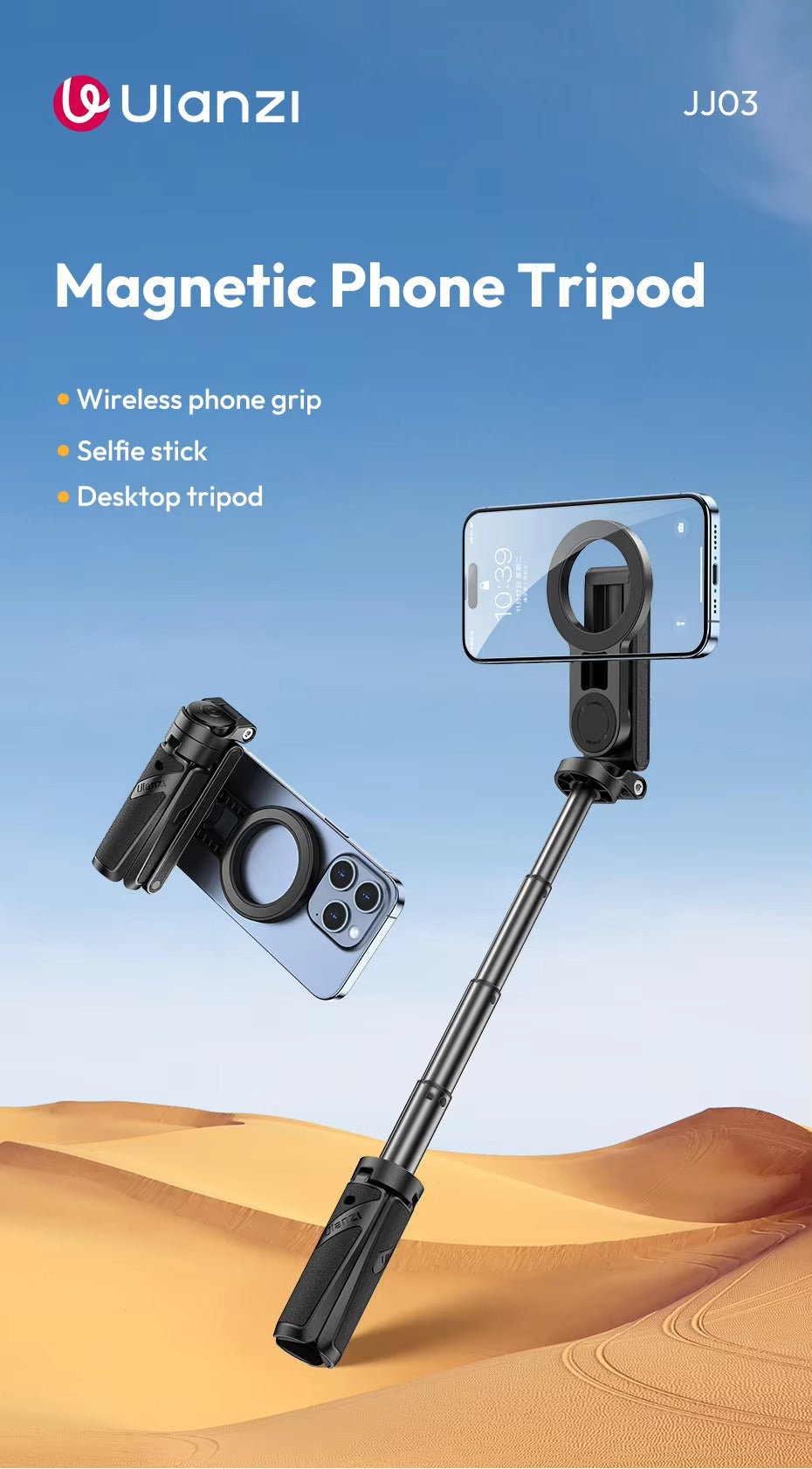 Camera Accessories: Ulanzi JJ03 Magnetic Phone Tripod Wireless Phone Grip Selfie Stick Desktop Tripod with Remote Control Photography Livestreaming