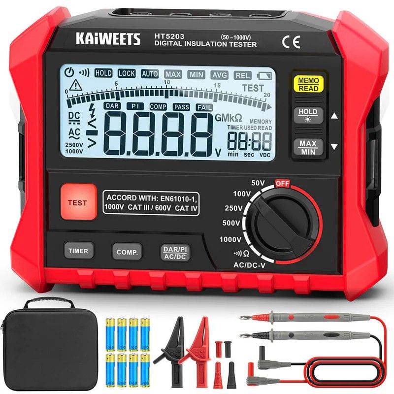 KAIWEETS Megohmmeter, Insulation Resistance Tester, Up to 100GÎ©, 50V/100V/250V/500V/1000V, One-Touch DAR/PI, with AC/DC Voltage Testing for Motors, Solar, HVAC