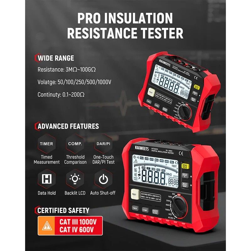 KAIWEETS Megohmmeter, Insulation Resistance Tester, Up to 100GÎ©, 50V/100V/250V/500V/1000V, One-Touch DAR/PI, with AC/DC Voltage Testing for Motors, Solar, HVAC