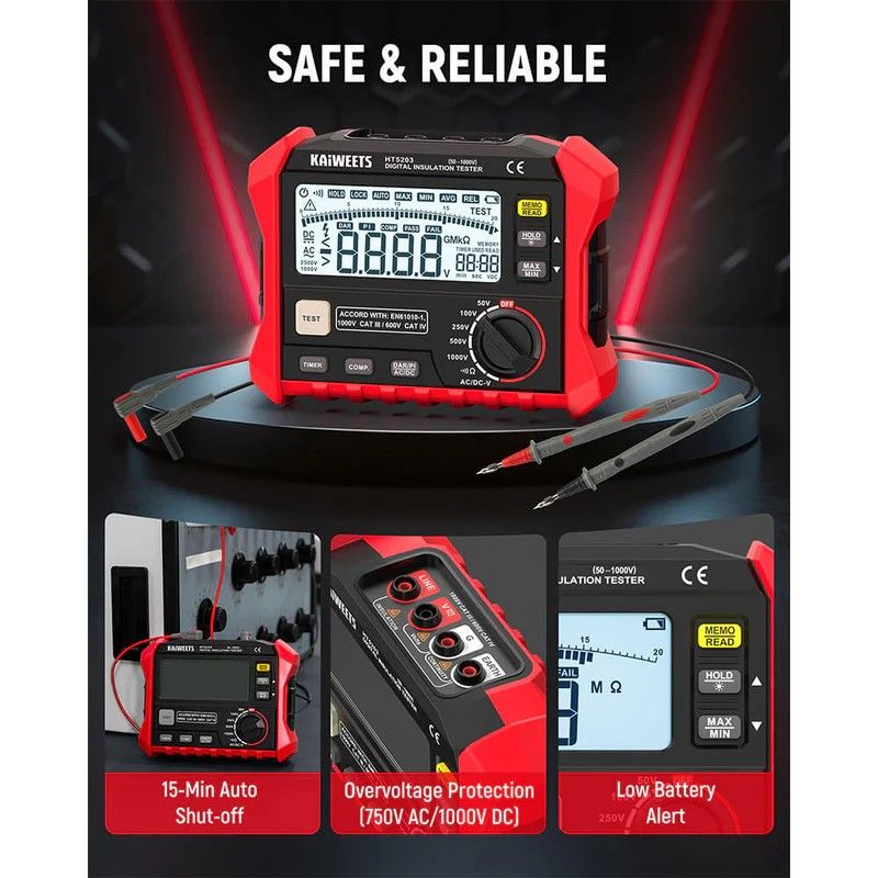 KAIWEETS Megohmmeter, Insulation Resistance Tester, Up to 100GÎ©, 50V/100V/250V/500V/1000V, One-Touch DAR/PI, with AC/DC Voltage Testing for Motors, Solar, HVAC