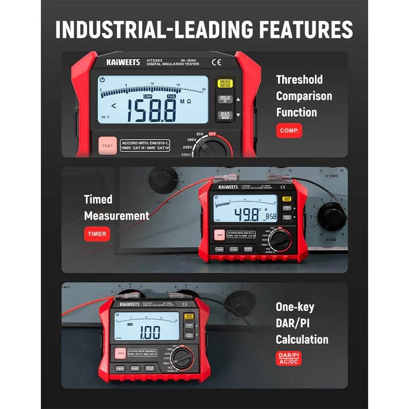 KAIWEETS Megohmmeter, Insulation Resistance Tester, Up to 100GÎ©, 50V/100V/250V/500V/1000V, One-Touch DAR/PI, with AC/DC Voltage Testing for Motors, Solar, HVAC