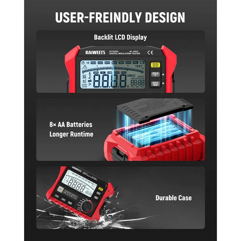 KAIWEETS Megohmmeter, Insulation Resistance Tester, Up to 100GÎ©, 50V/100V/250V/500V/1000V, One-Touch DAR/PI, with AC/DC Voltage Testing for Motors, Solar, HVAC