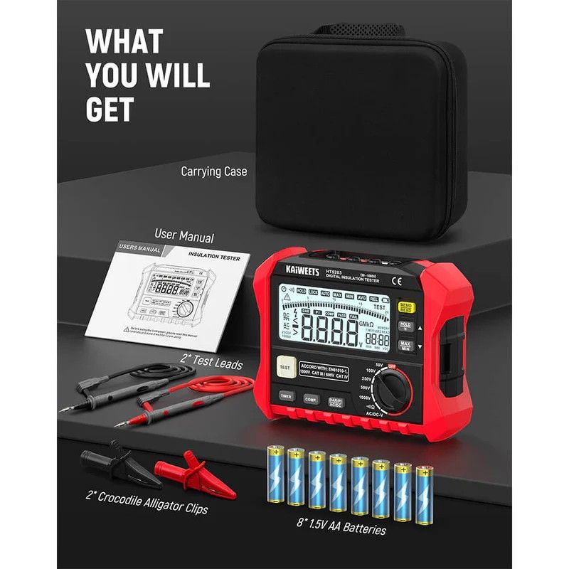 KAIWEETS Megohmmeter, Insulation Resistance Tester, Up to 100GÎ©, 50V/100V/250V/500V/1000V, One-Touch DAR/PI, with AC/DC Voltage Testing for Motors, Solar, HVAC