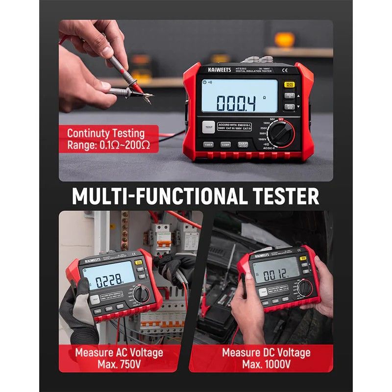 KAIWEETS Megohmmeter, Insulation Resistance Tester, Up to 100GÎ©, 50V/100V/250V/500V/1000V, One-Touch DAR/PI, with AC/DC Voltage Testing for Motors, Solar, HVAC