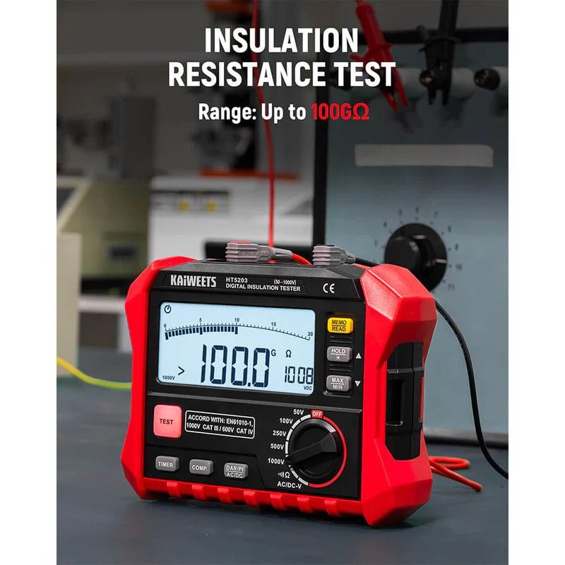 KAIWEETS Megohmmeter, Insulation Resistance Tester, Up to 100GÎ©, 50V/100V/250V/500V/1000V, One-Touch DAR/PI, with AC/DC Voltage Testing for Motors, Solar, HVAC