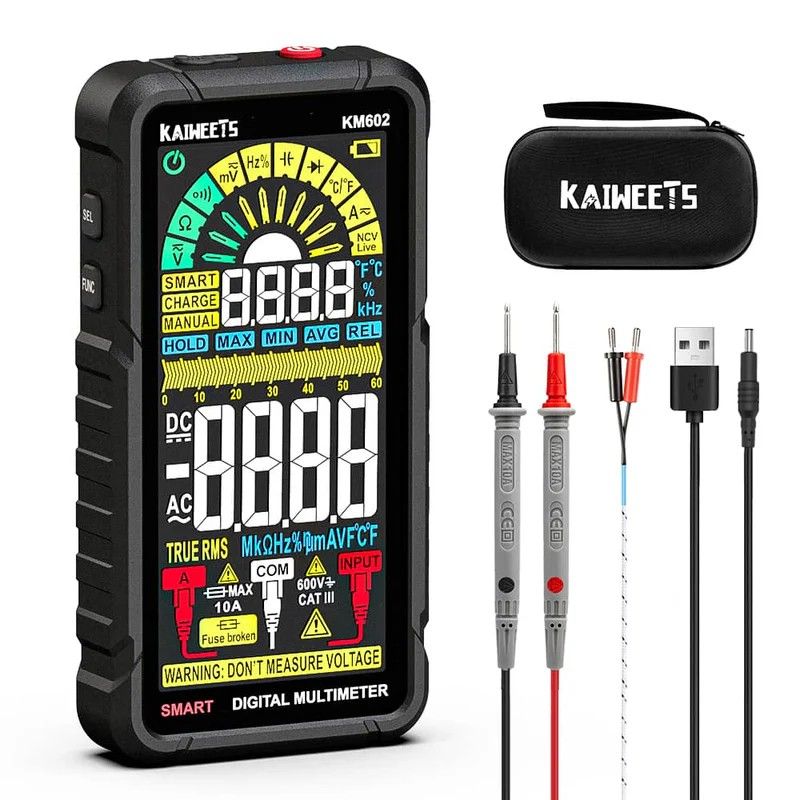 KAIWEETS Smart Multimeter Rechargeable Electrical Tester with Auto Ranging Digital Voltmeter Measures Voltage Current Resistance Continuity Capacitance Temperature Frequency NCV 6000 Counts TRMS
