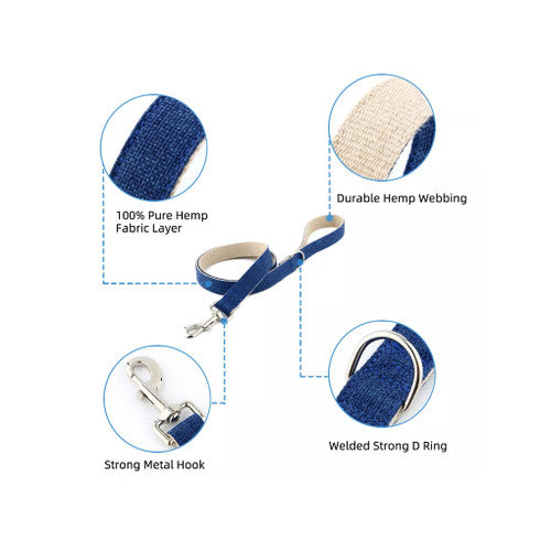 Dog Collars, Leads & Harnesses: Natural Hemp & Cotton Dog Lead Leash (Ink Blue)