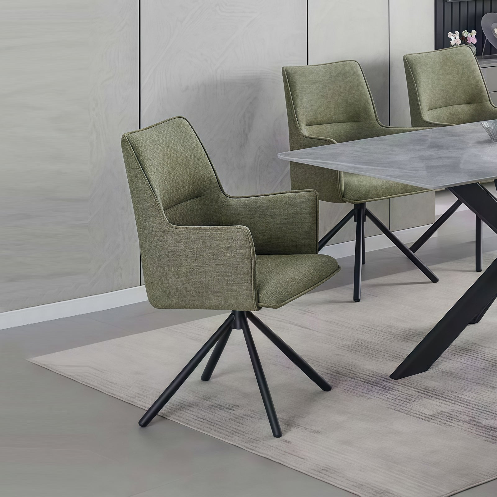 Kitchen & Dining Chairs: Dining Chair Green Linen Fabric Upholstered Seat Powder Coated Iron Legs