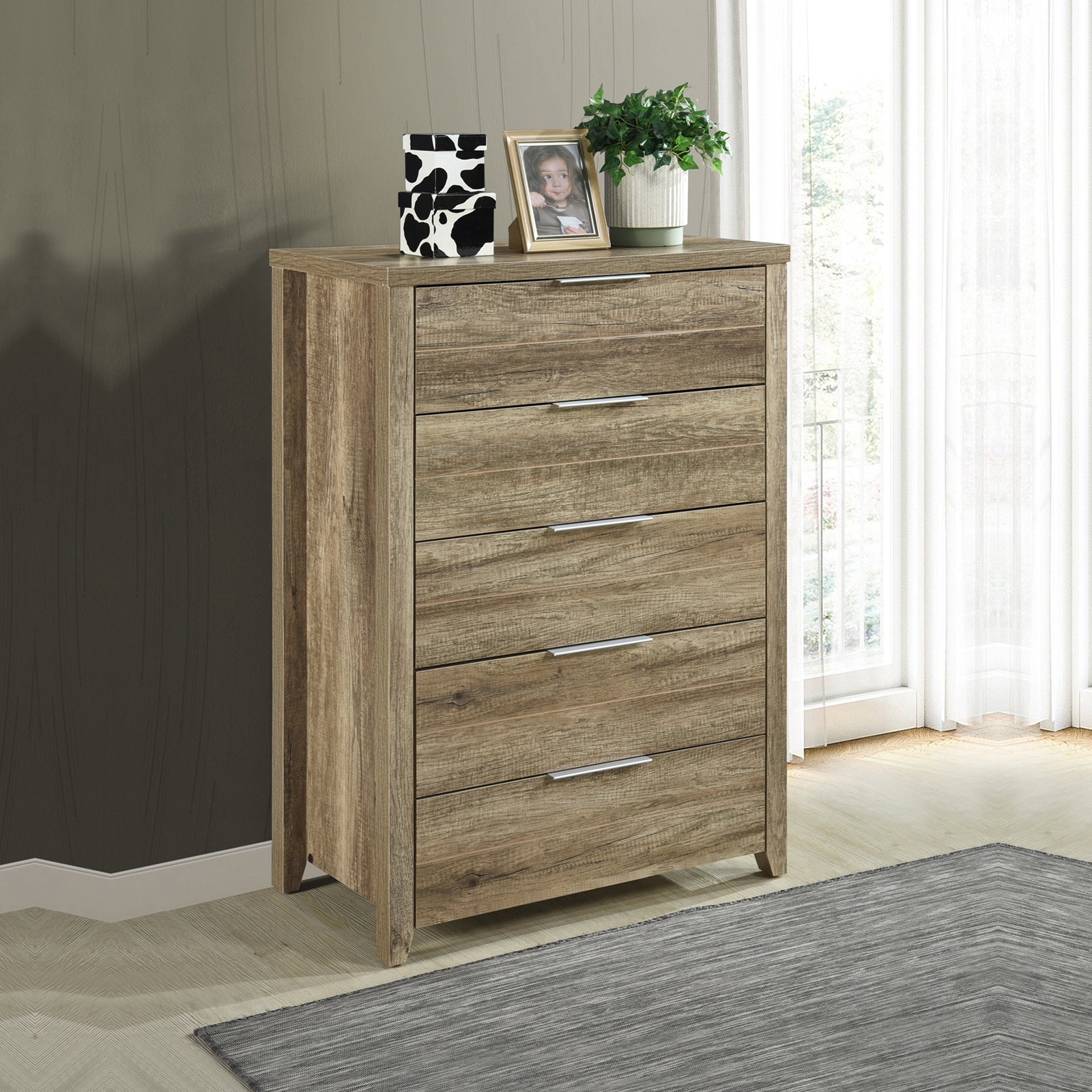 4 Pieces Bedroom Suite Natural Wood Like MDF Structure Double Size Oak Colour Bed, Bedside Table & Tallboy