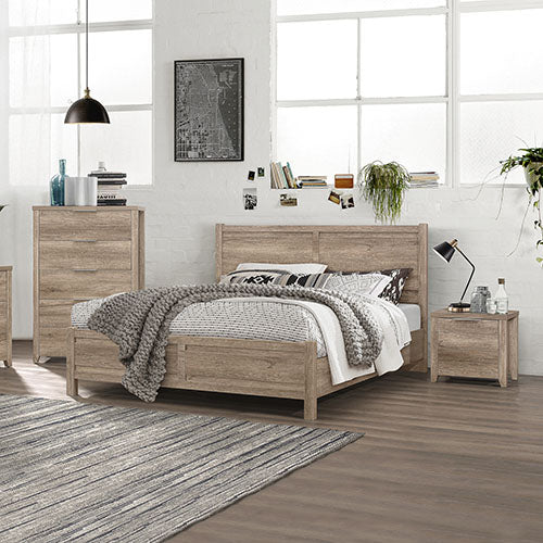 Bookcases & Shelves: 4 Pieces Bedroom Suite Natural Wood Like MDF Structure Queen Size Oak Colour Bed, Bedside Table & Tallboy