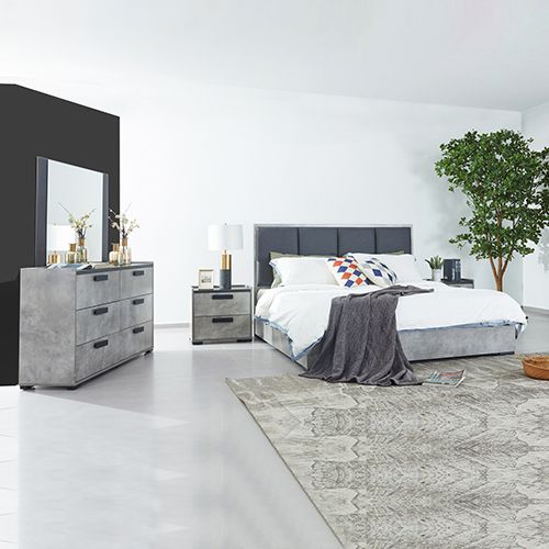 King 4 Pcs Bedroom Suite with Dresser Fabric Combination of Black & Cement Colour