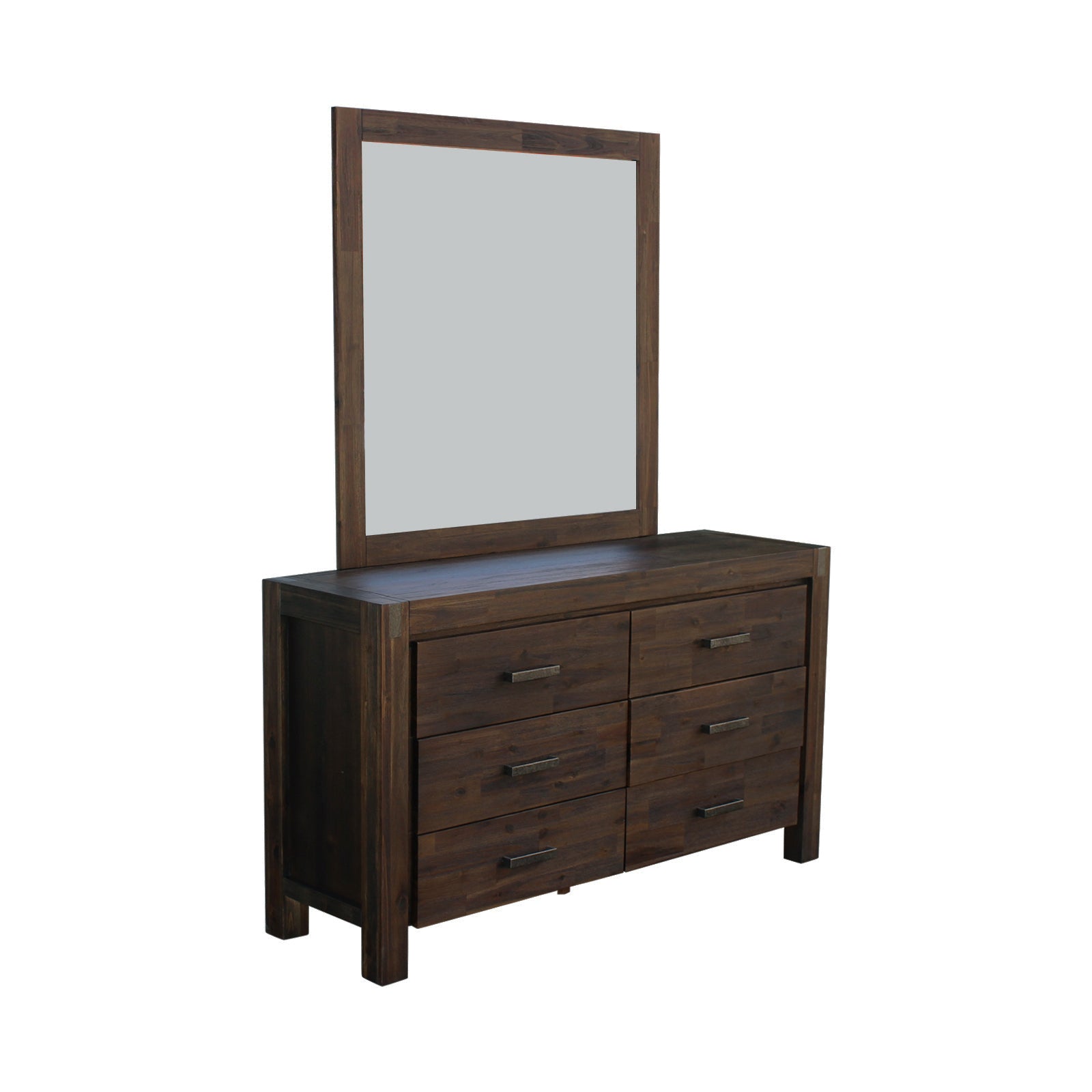 5 Pieces Bedroom Suite in Solid Wood Veneered Acacia Construction Timber Slat Queen Size Chocolate Colour Bed, Bedside Table , Tallboy & Dresser