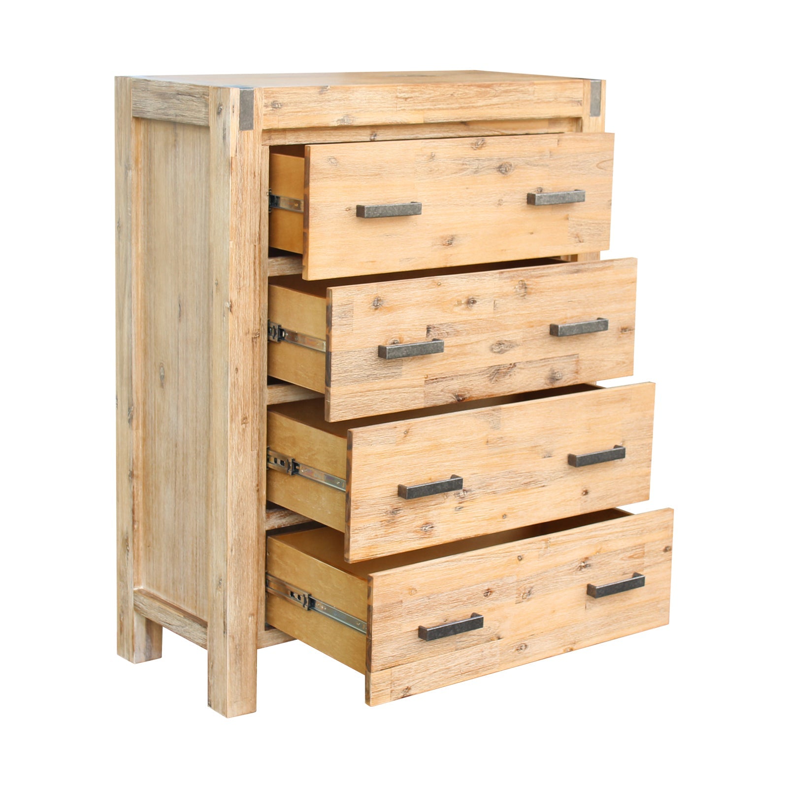 5 Pieces Bedroom Suite in Solid Wood Veneered Acacia Construction Timber Slat Queen Size Oak Colour Bed, Bedside Table , Tallboy & Dresser