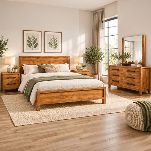 Queen Bedroom Suite – 4 Piece Set with Tallboy in Oak Finish