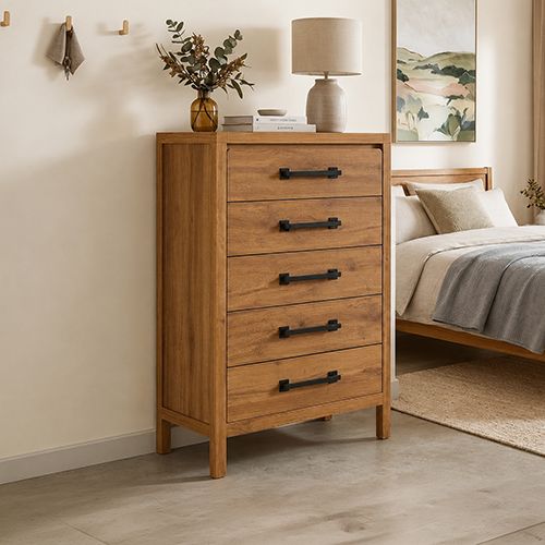 King Bedroom Suite – 5 Piece Set with Dresser & Tallboy in Oak Finish