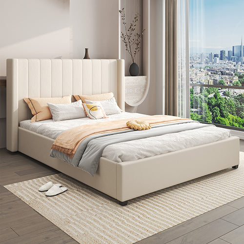 Beds & Bed Frames: King Size High Rise Headboard Linen Beige Fabric Four MDF Drawers with Wheels Bed Frame