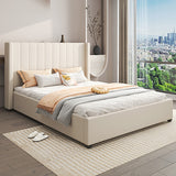 Beds & Bed Frames: King Size High Rise Headboard Linen Beige Fabric Four MDF Drawers with Wheels Bed Frame