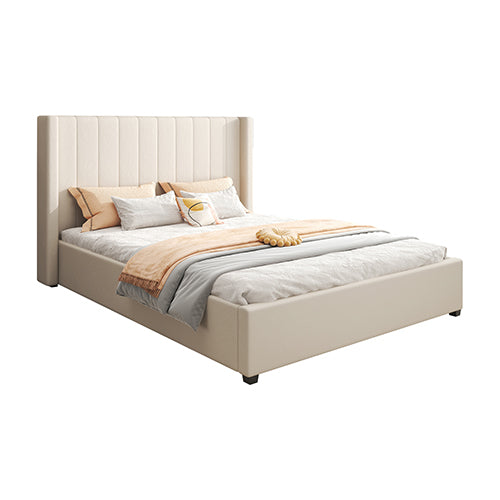 Beds & Bed Frames: King Size High Rise Headboard Linen Beige Fabric Four MDF Drawers with Wheels Bed Frame