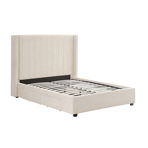 Beds & Bed Frames: King Size High Rise Headboard Linen Beige Fabric Four MDF Drawers with Wheels Bed Frame