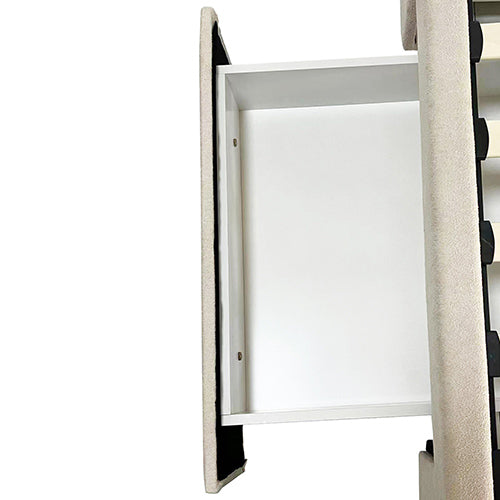 Beds & Bed Frames: King Size High Rise Headboard Linen Beige Fabric Four MDF Drawers with Wheels Bed Frame