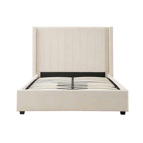 Beds & Bed Frames: Alexa Queen Size High Rise Headboard Linen Beige Fabric Four MDF Drawers with Wheels Bed Frame