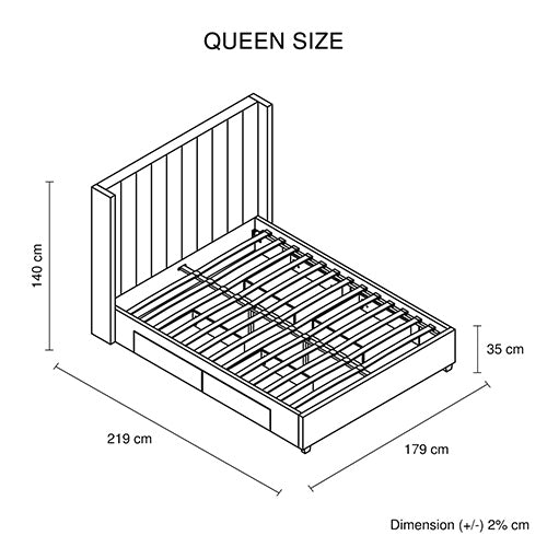 Beds & Bed Frames: Alexa Queen Size High Rise Headboard Linen Beige Fabric Four MDF Drawers with Wheels Bed Frame