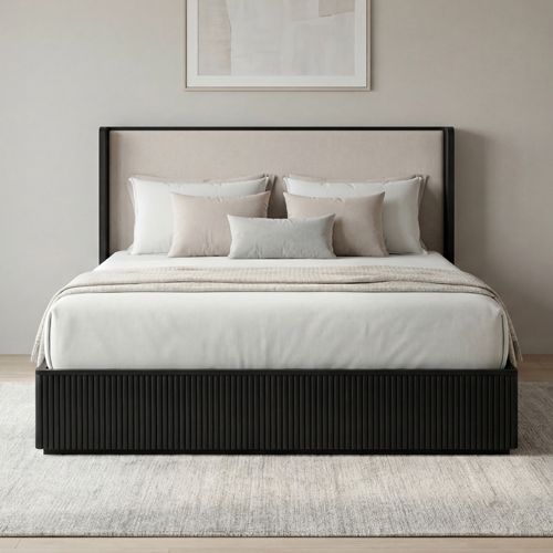 Queen Bed Frame with Fabric Upholstered Headboard in Black colour