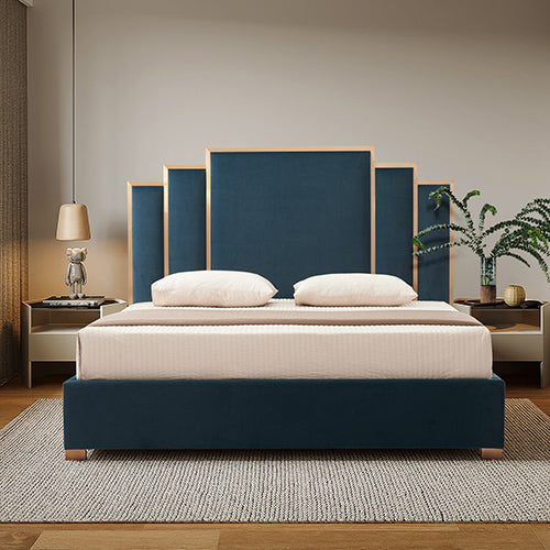 Beds & Bed Frames: Austin Bed Frame Polyester Turquoise Fabric Padded Upholstery High Quality Slats Polished Stainless Steel Feet