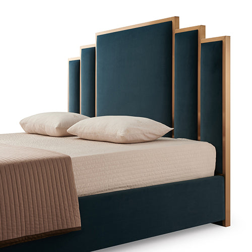 Beds & Bed Frames: Austin Bed Frame Polyester Turquoise Fabric Padded Upholstery High Quality Slats Polished Stainless Steel Feet