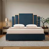 Beds & Bed Frames: Austin Bed Frame Polyester Turquoise Fabric Padded Upholstery High Quality Slats Polished Stainless Steel Feet