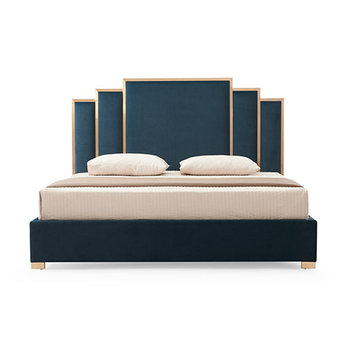 Beds & Bed Frames: Austin Bed Frame Polyester Turquoise Fabric Padded Upholstery High Quality Slats Polished Stainless Steel Feet
