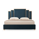Beds & Bed Frames: Austin Bed Frame Polyester Turquoise Fabric Padded Upholstery High Quality Slats Polished Stainless Steel Feet